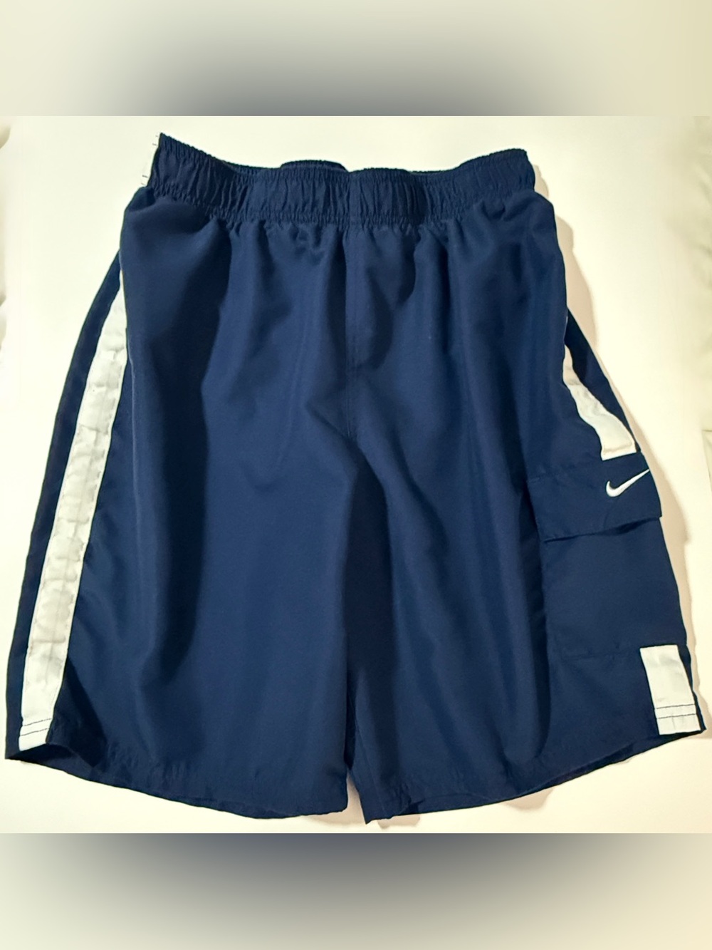 Boys Nike Navy Blue Athletic Shorts with White Stripe, Size M